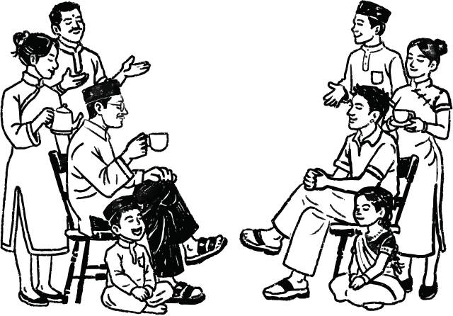 Two families sharing coffee around a table